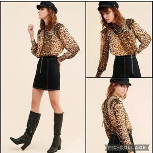 Free People Roma Leopard Chiffon Ruffle Balloon Sleeve Semi Sheer Blouse(M)